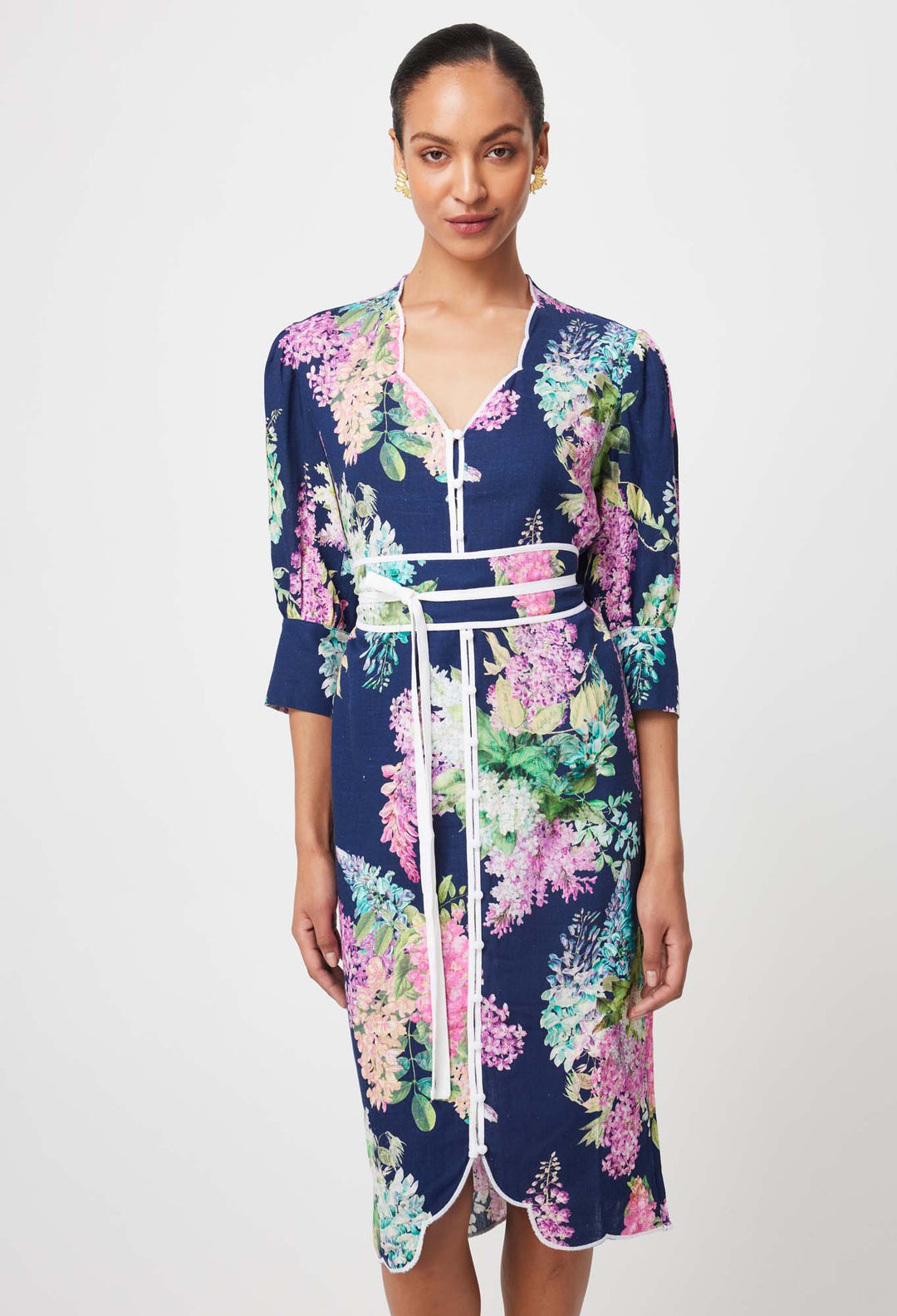 OnceWas Augustine Embroidered Linen Viscose Dress in Navy Wisteria