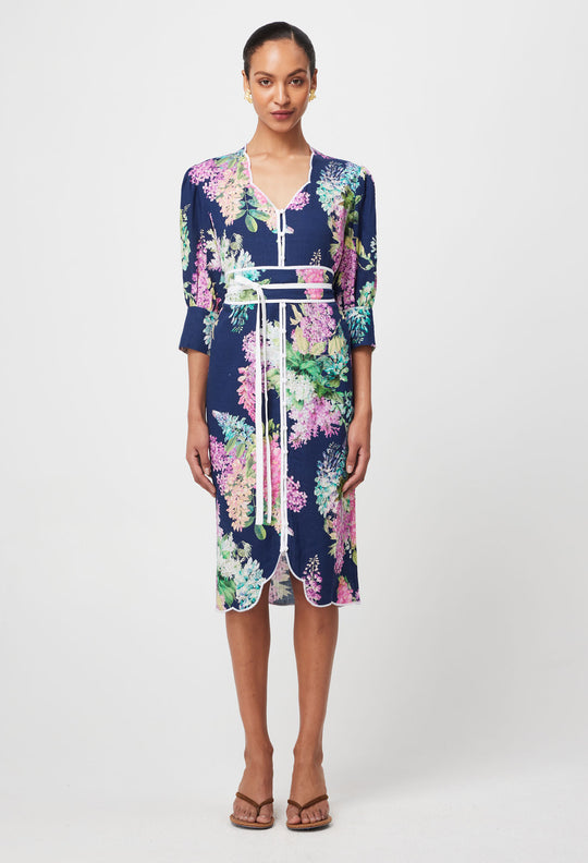 OnceWas Augustine Embroidered Linen Viscose Dress in Navy Wisteria