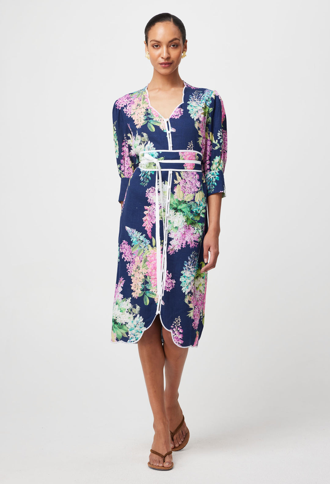 OnceWas Augustine Embroidered Linen Viscose Dress in Navy Wisteria