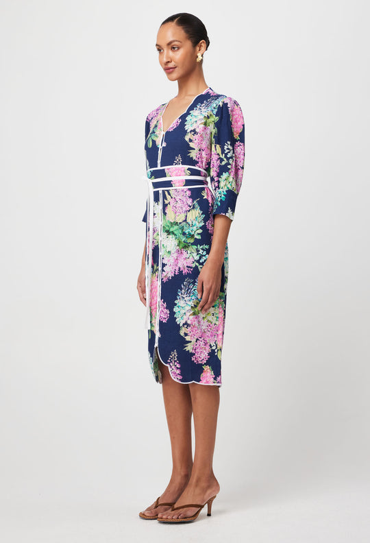 Augustine Embroidered Linen Viscose Dress in Navy Wisteria