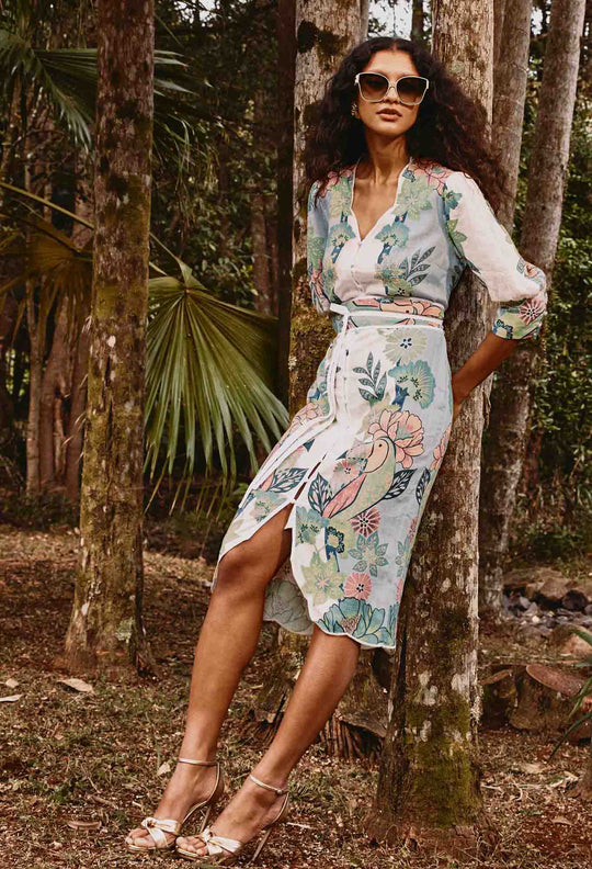 Augustine Embroidered Stretch Linen Viscose Dress in Paradi Flè Print