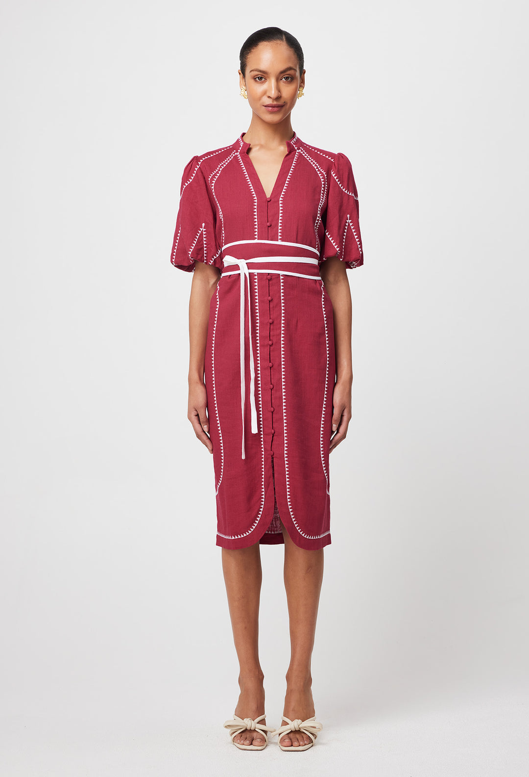 Carlyle Embroidered Linen Viscose Dress in Crimson