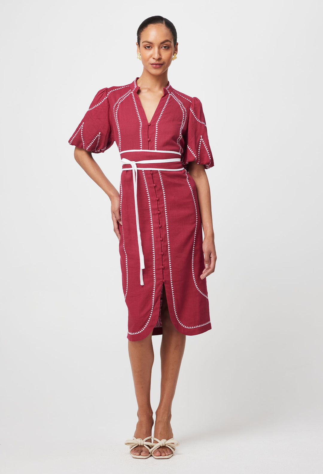 Carlyle Embroidered Linen Viscose Dress in Crimson