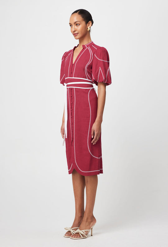 Carlyle Embroidered Linen Viscose Dress in Crimson