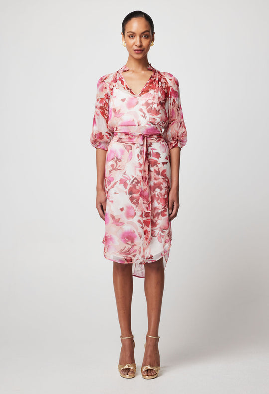 OnceWas Annabelle Viscose Chiffon Dress in Flamingo Flower