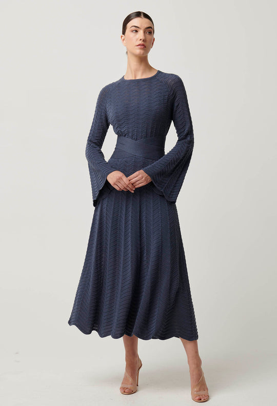 OnceWas Everett Cotton Lyocell Wave Knit Midi Dres in Bluestone