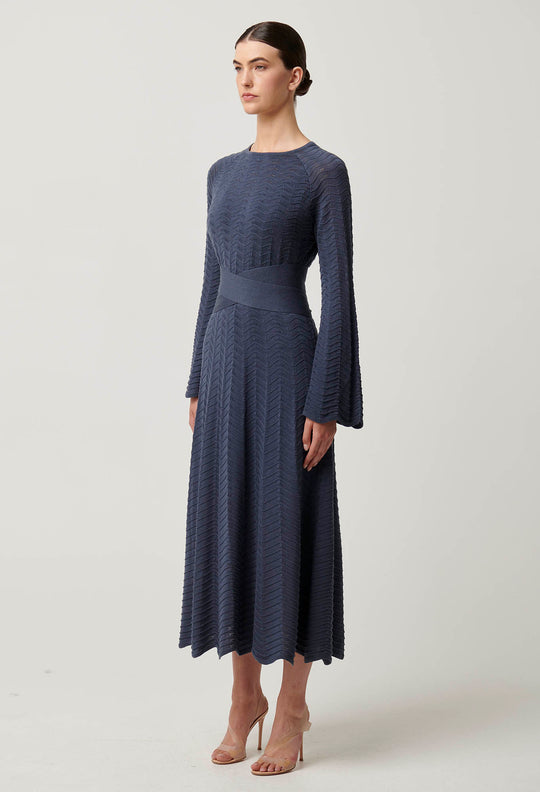 OnceWas Everett Cotton Lyocell Wave Knit Midi Dres in Bluestone