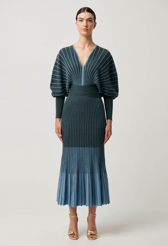 OnceWas Equinox Wool Cotton Knit Dress in Bluestone