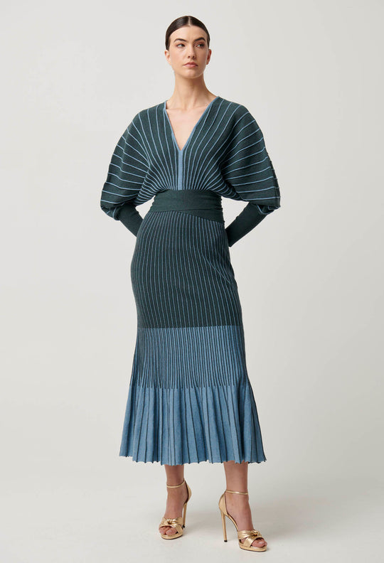 OnceWas Equinox Wool Cotton Knit Dress in Bluestone