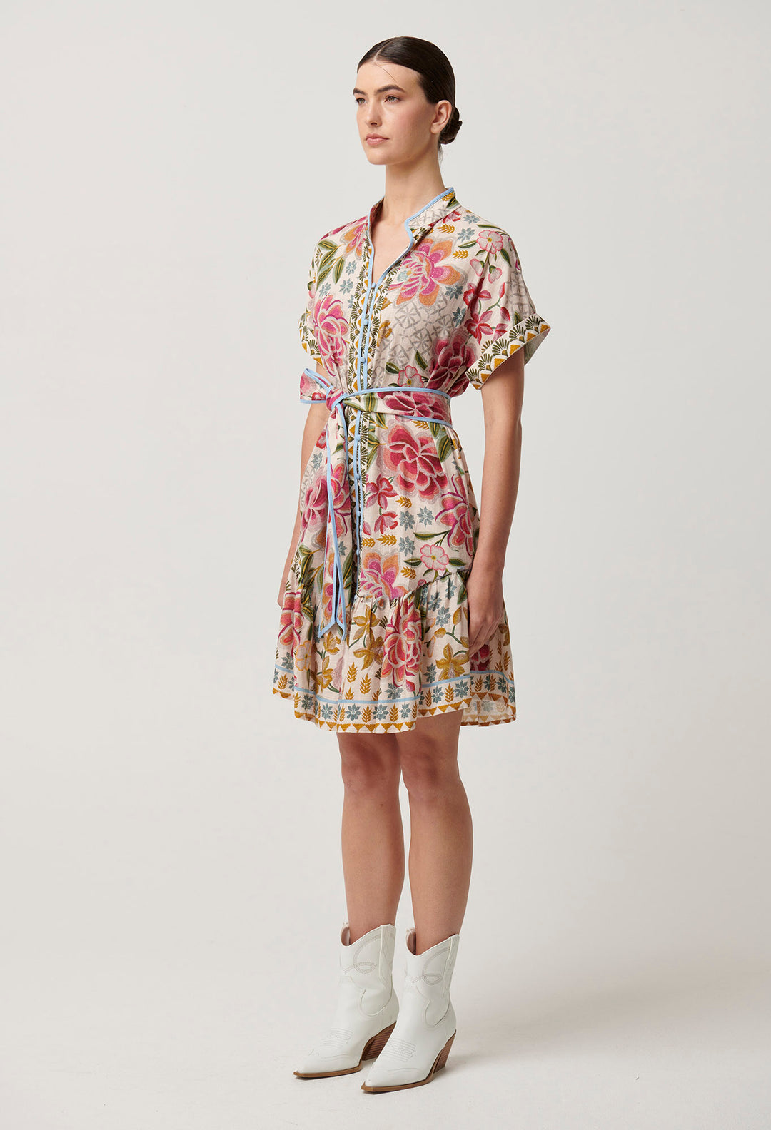 OnceWas Clementine Linen Viscose Shirt Dress in Azalea Fields