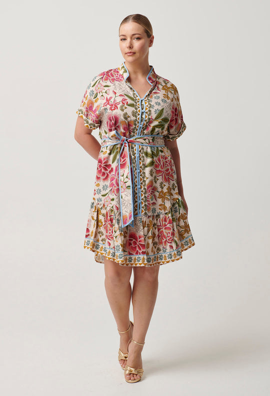 OnceWas Clementine Linen Viscose Shirt Dress in Azalea Fields