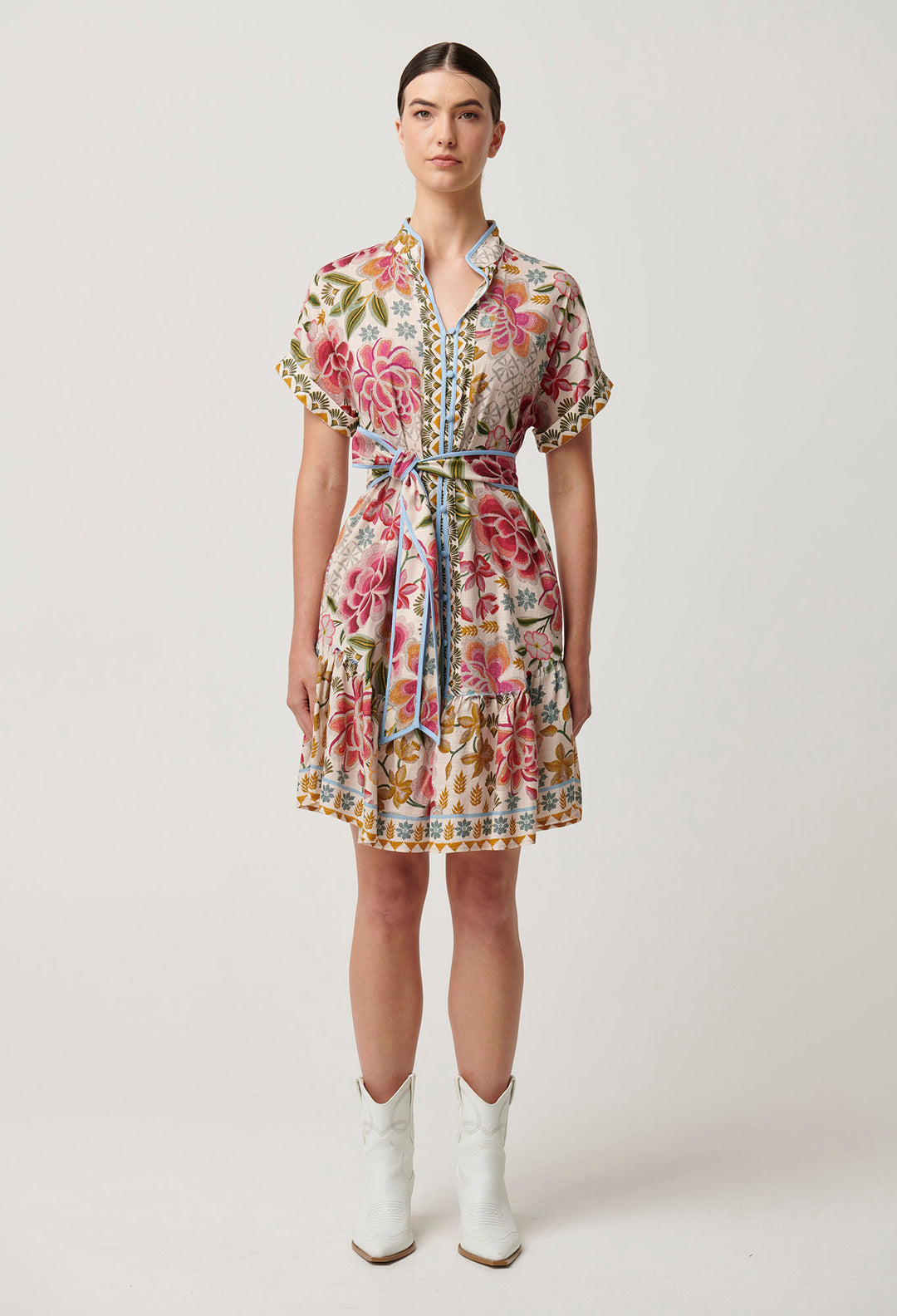 OnceWas Clementine Linen Viscose Shirt Dress in Azalea Fields