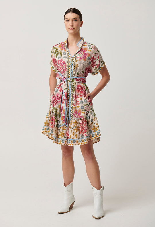 OnceWas Clementine Linen Viscose Shirt Dress in Azalea Fields