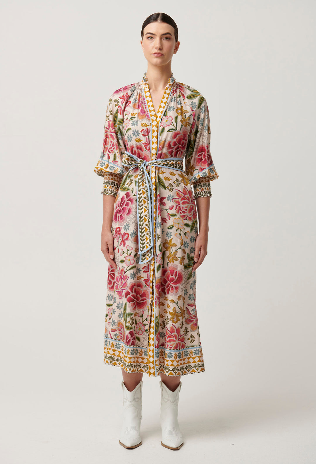 OnceWas Carmen Viscose Linen Maxi Dress in Azalea Fields