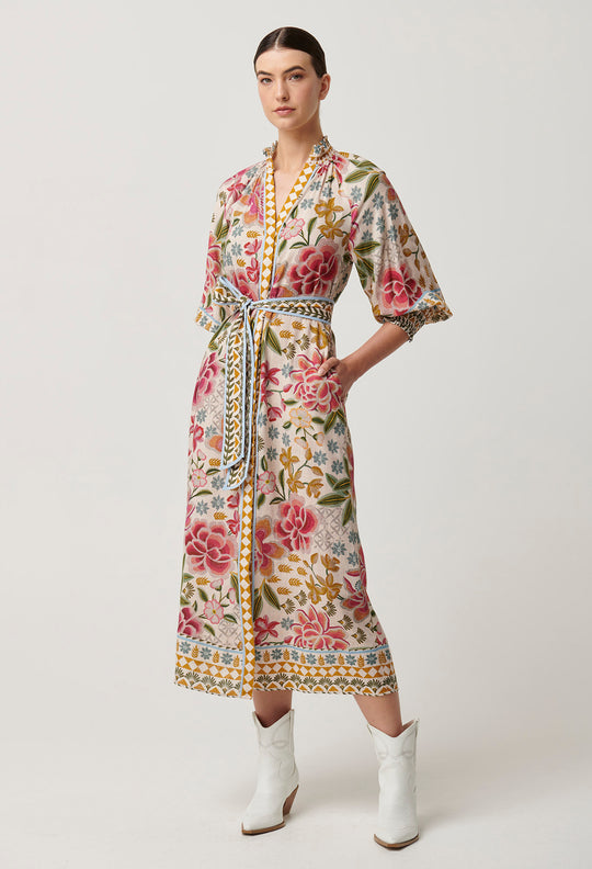 OnceWas Carmen Viscose Linen Maxi Dress in Azalea Fields