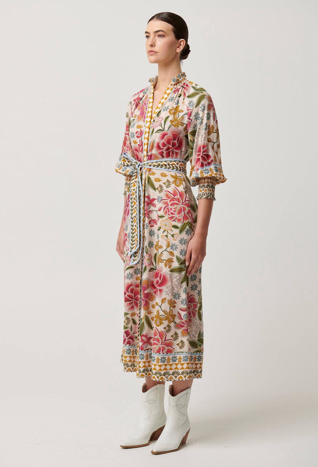 OnceWas Carmen Viscose Linen Maxi Dress in Azalea Fields