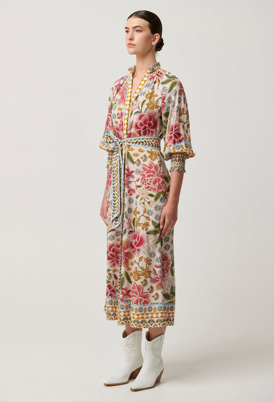 OnceWas Carmen Viscose Linen Maxi Dress in Azalea Fields