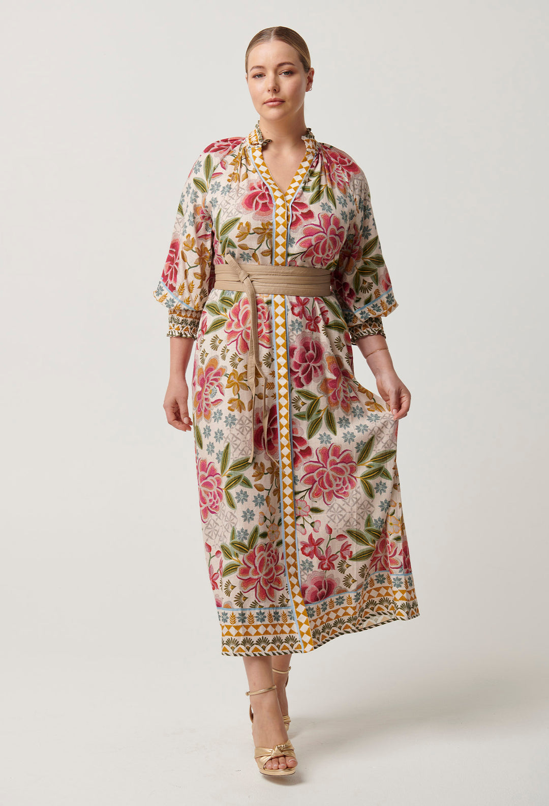 OnceWas Carmen Viscose Linen Maxi Dress in Azalea Fields