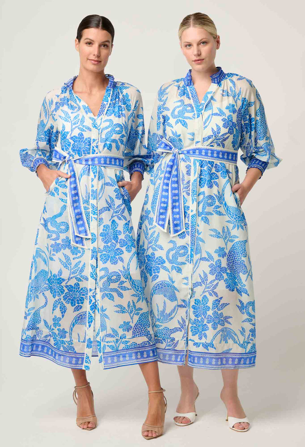 OnceWas Carmen Silk Cotton Maxi Dress in Azure Mosaic