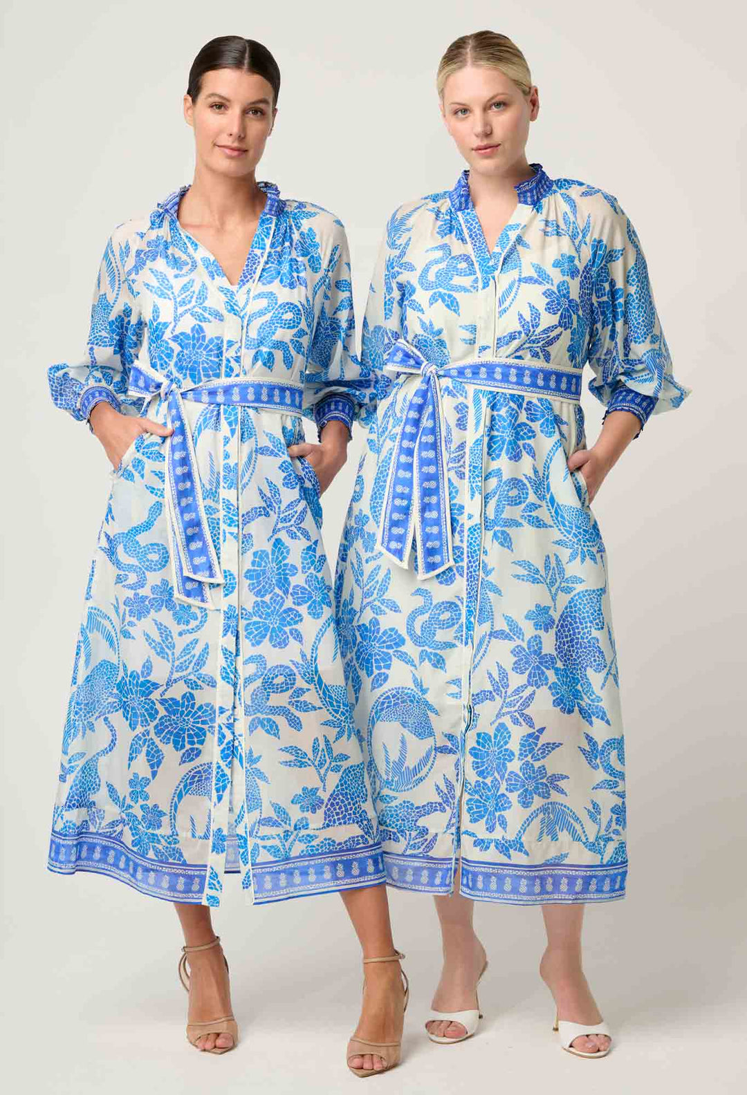 OnceWas Carmen Silk Cotton Maxi Dress in Azure Mosaic