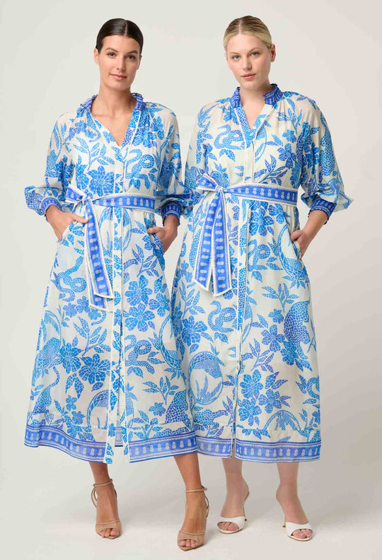 OnceWas Carmen Silk Cotton Maxi Dress in Azure Mosaic