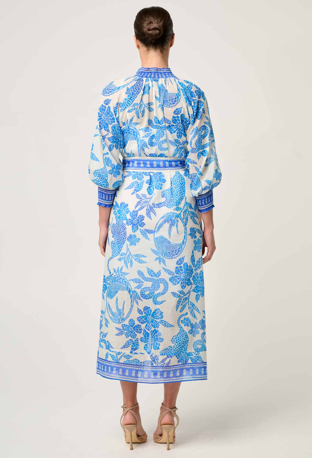 OnceWas Carmen Silk Cotton Maxi Dress in Azure Mosaic