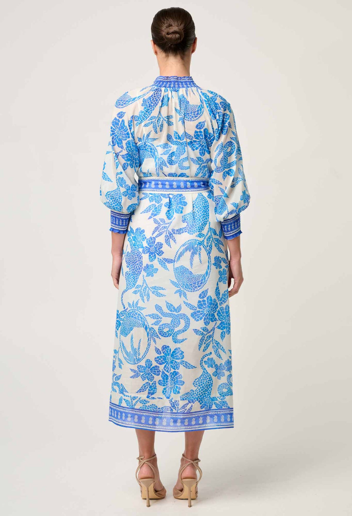 OnceWas Carmen Silk Cotton Maxi Dress in Azure Mosaic