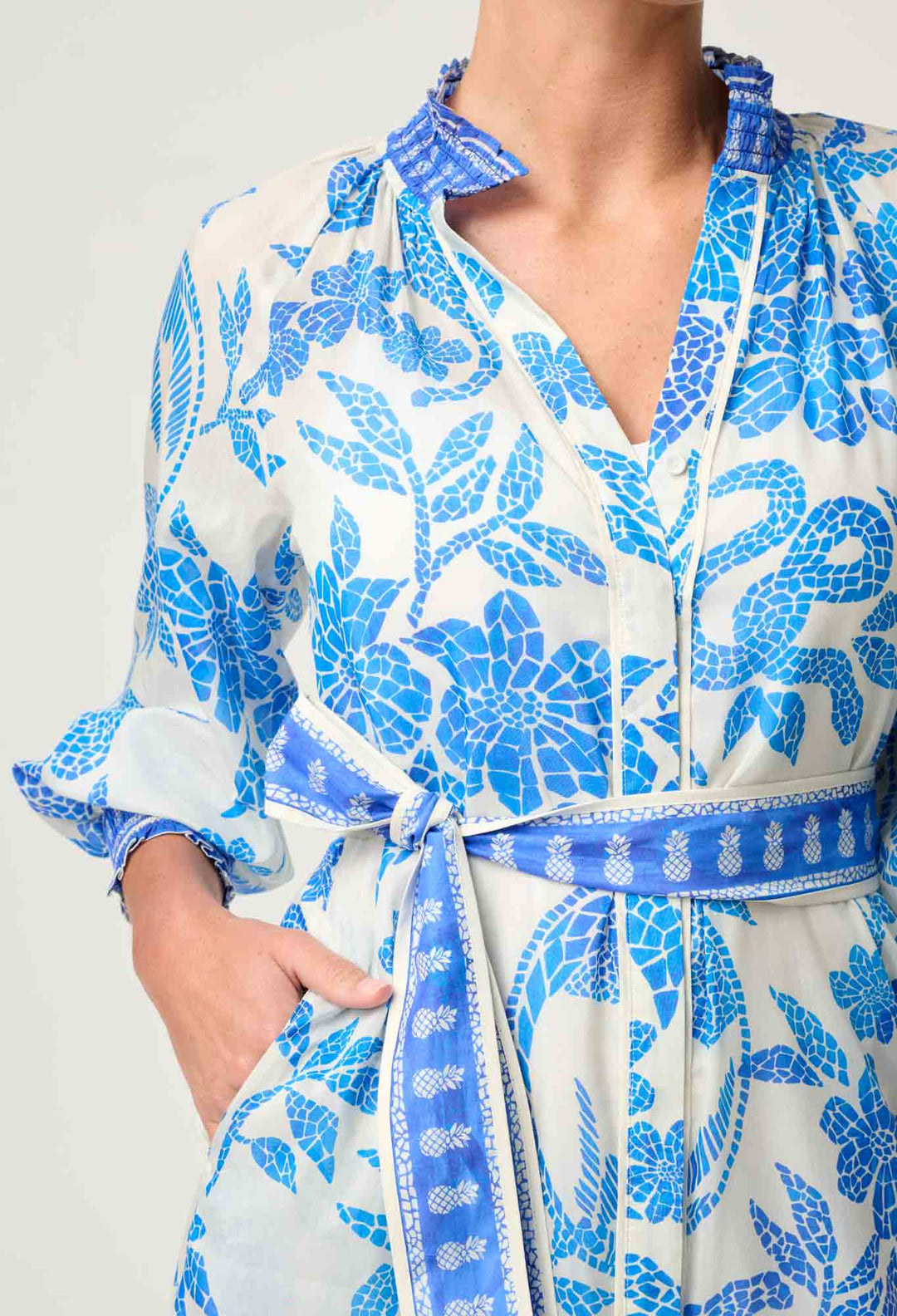 OnceWas Carmen Silk Cotton Maxi Dress in Azure Mosaic