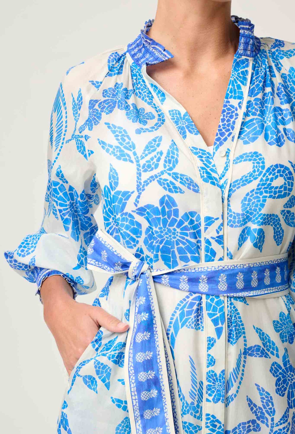 OnceWas Carmen Silk Cotton Maxi Dress in Azure Mosaic