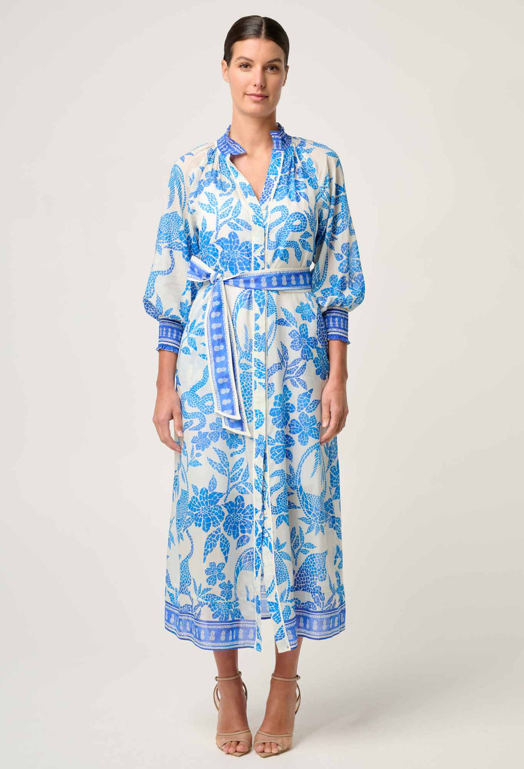 OnceWas Carmen Silk Cotton Maxi Dress in Azure Mosaic