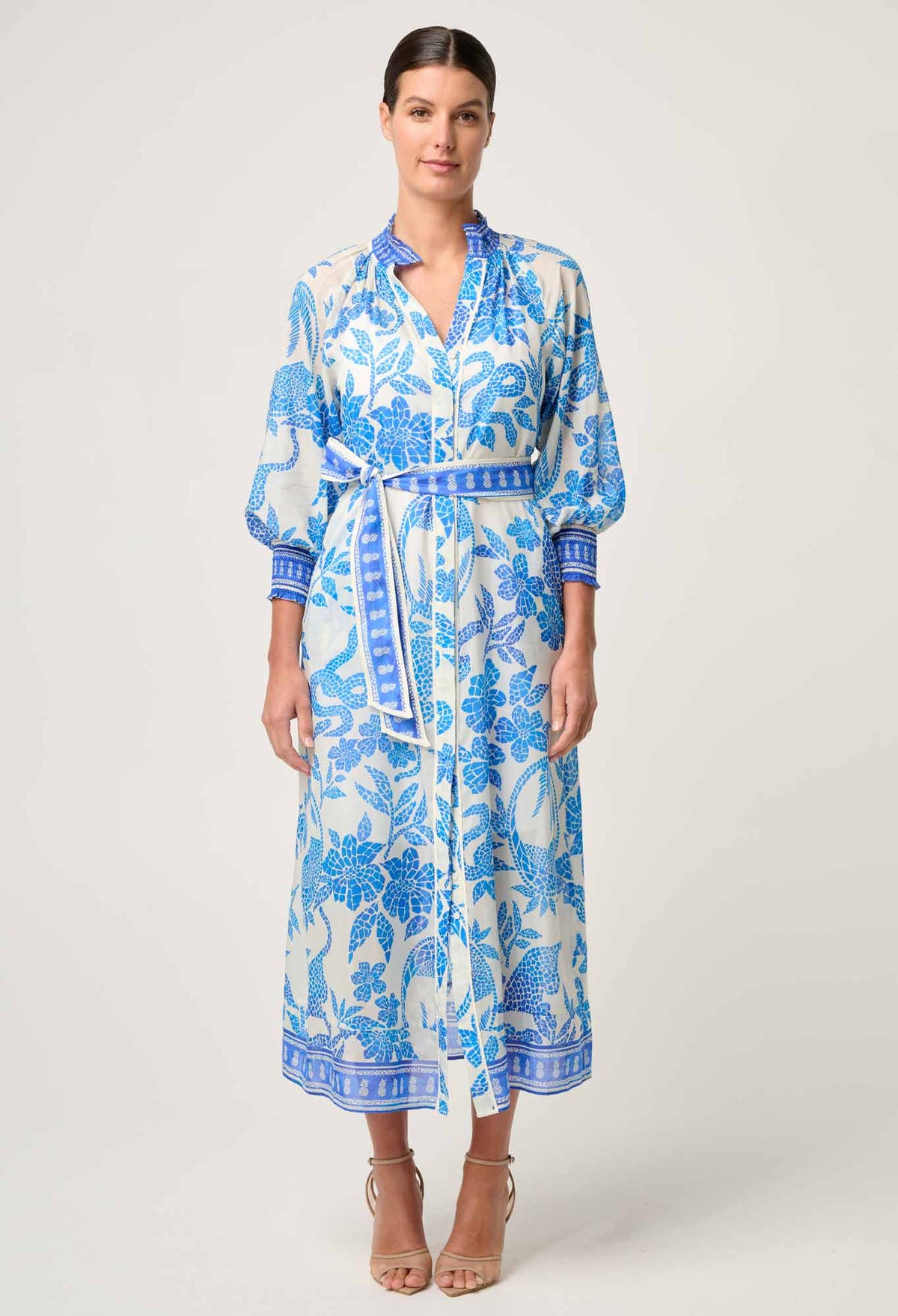 OnceWas Carmen Silk Cotton Maxi Dress in Azure Mosaic