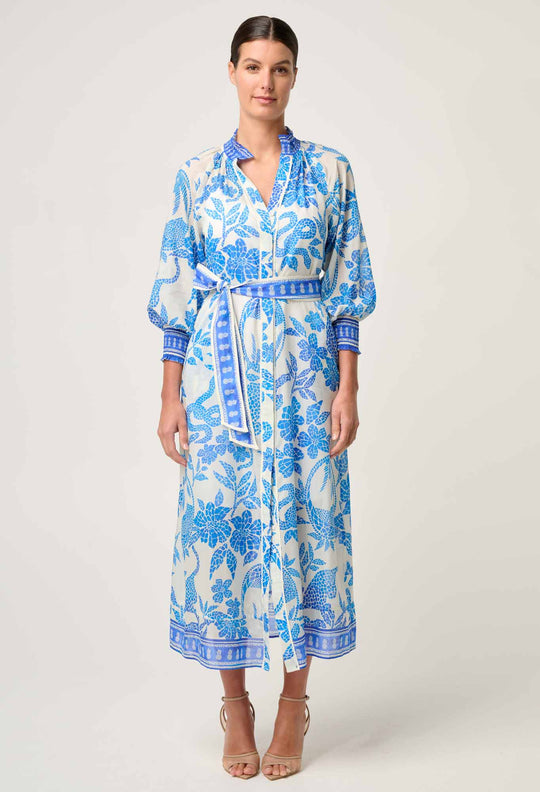 OnceWas Carmen Silk Cotton Maxi Dress in Azure Mosaic
