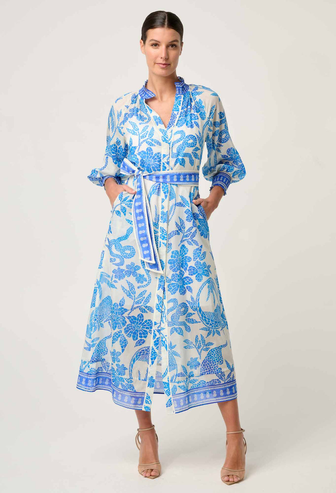 OnceWas Carmen Silk Cotton Maxi Dress in Azure Mosaic
