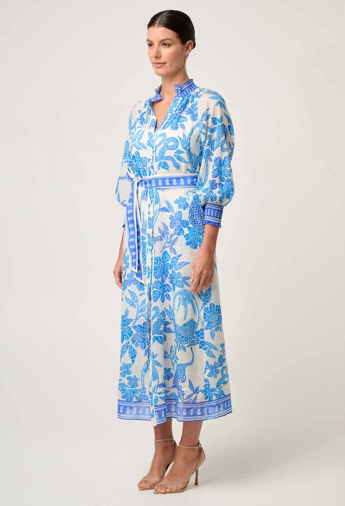OnceWas Carmen Silk Cotton Maxi Dress in Azure Mosaic