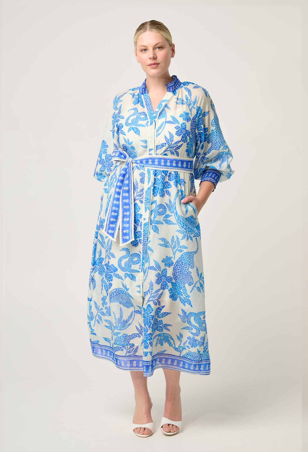OnceWas Carmen Silk Cotton Maxi Dress in Azure Mosaic