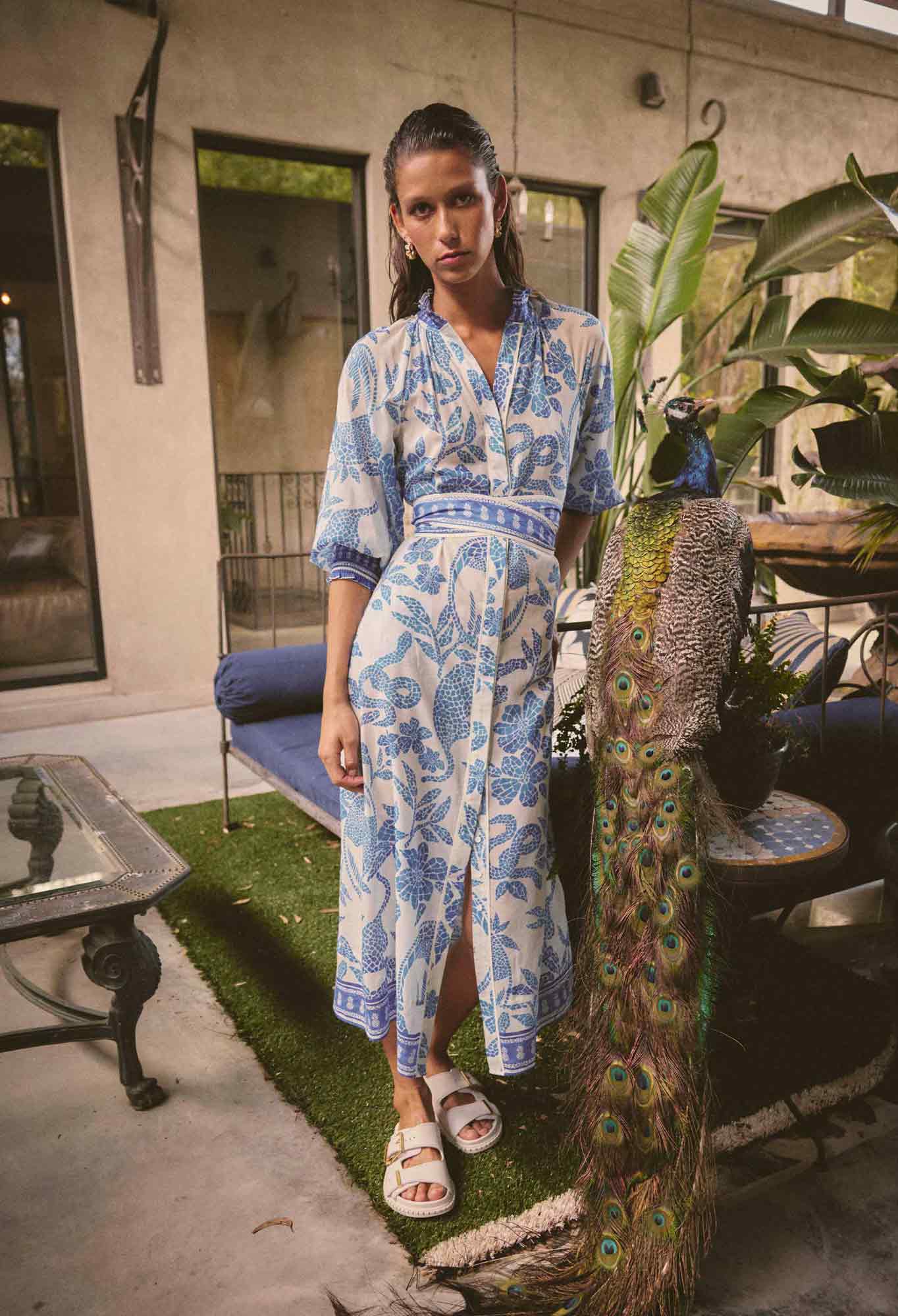 OnceWas Carmen Silk Cotton Maxi Dress in Azure Mosaic