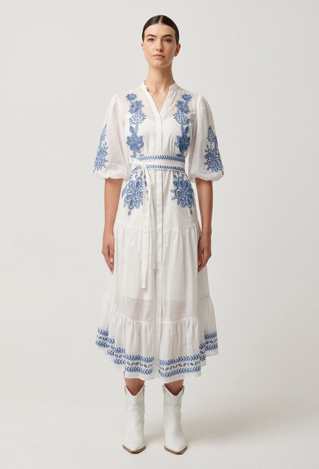 OnceWas Gabriette Embroidered Cotton Slub Dress in Milk