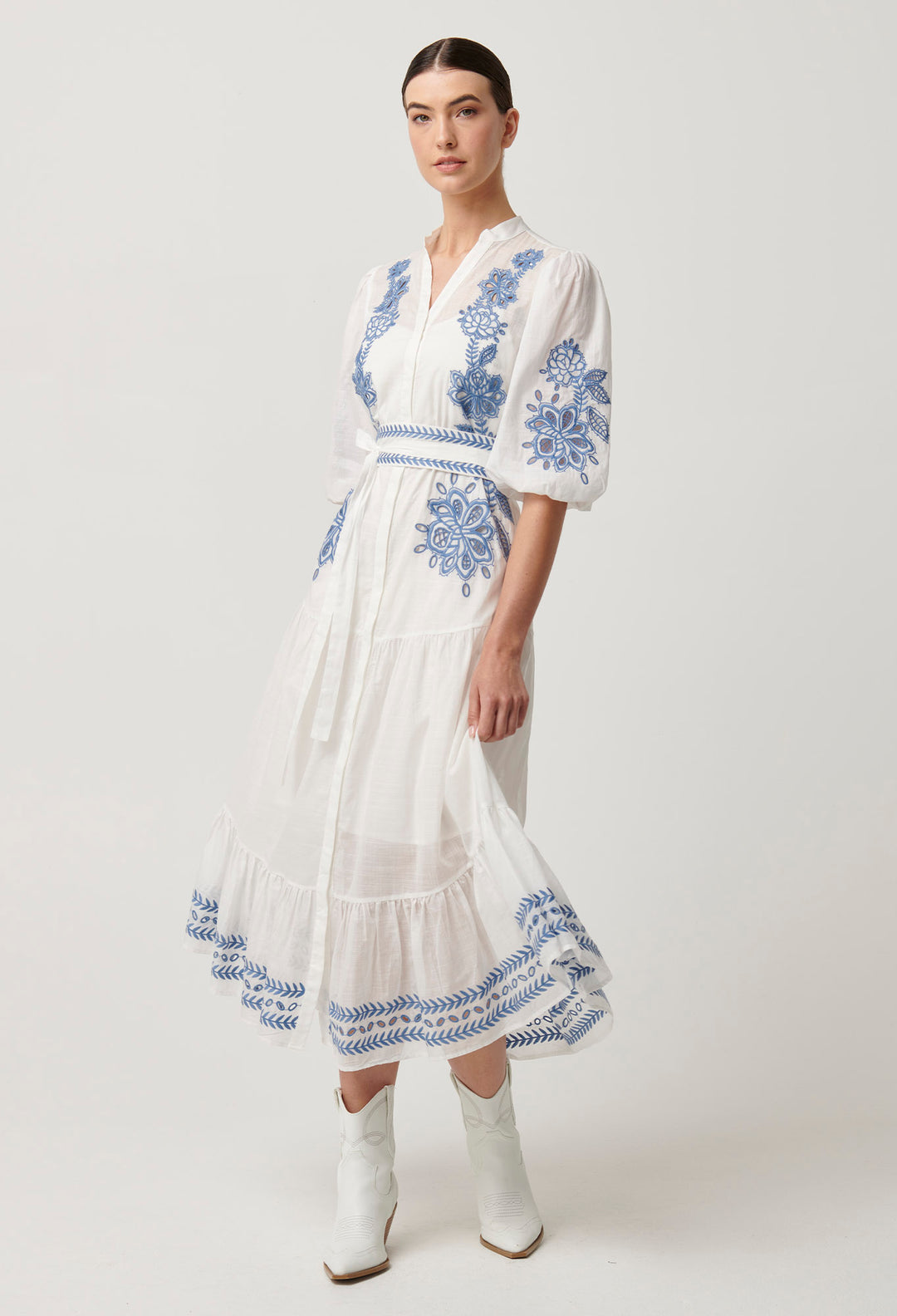 OnceWas Gabriette Embroidered Cotton Slub Dress in Milk