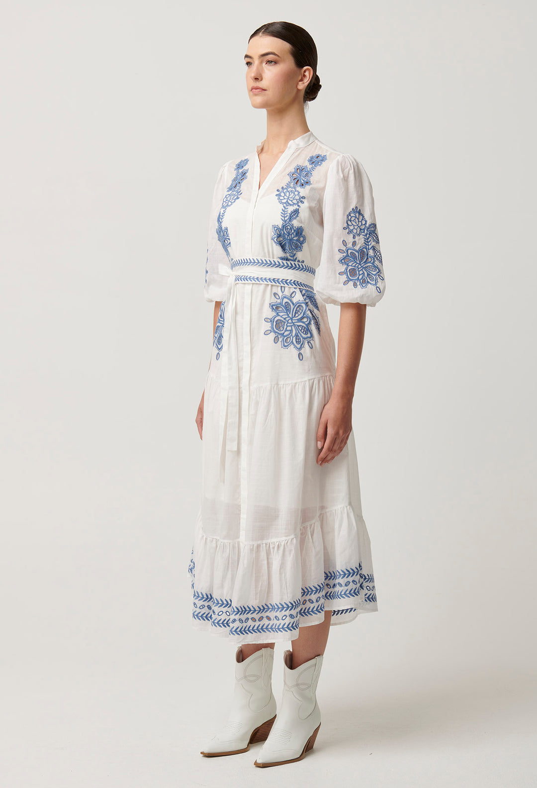 OnceWas Gabriette Embroidered Cotton Slub Dress in Milk