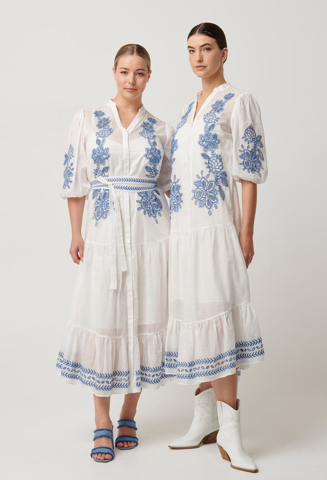 OnceWas Gabriette Embroidered Cotton Slub Dress in Milk