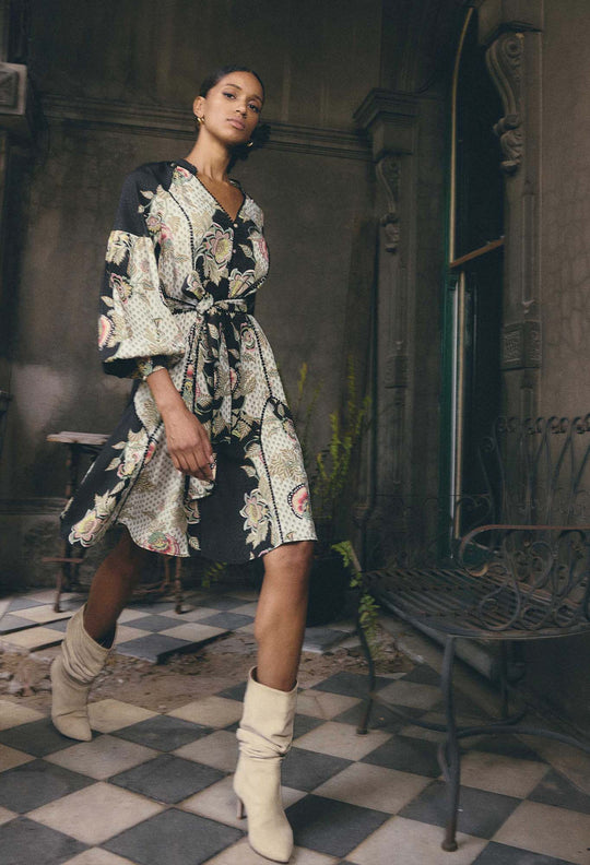 OnceWas PETITE Emersyn Linen Viscose  Dress in Mariposa Nero