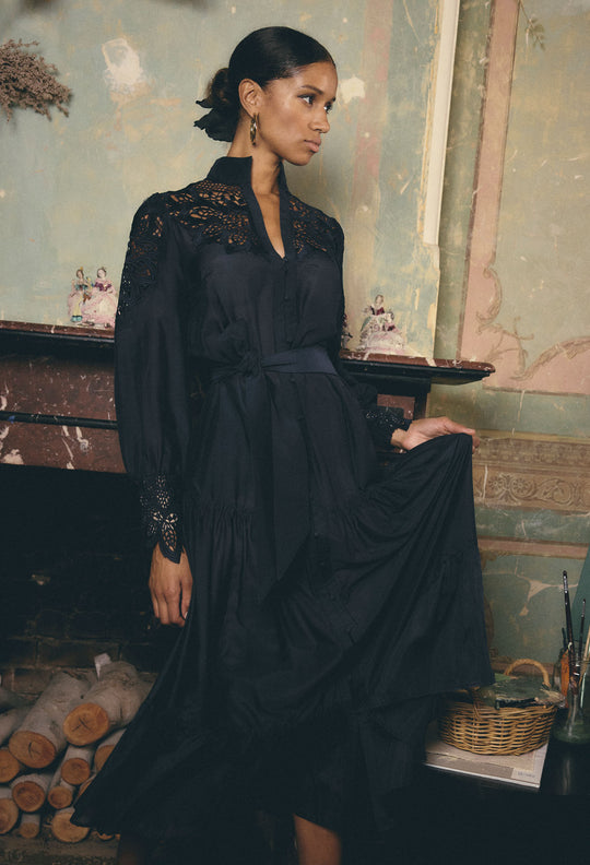 OnceWas PETITE Mirador Cotton Silk Maxi Dress in Night Sky