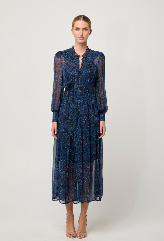 OnceWas Solana Viscose Chiffon Midi Dress in Altamira
