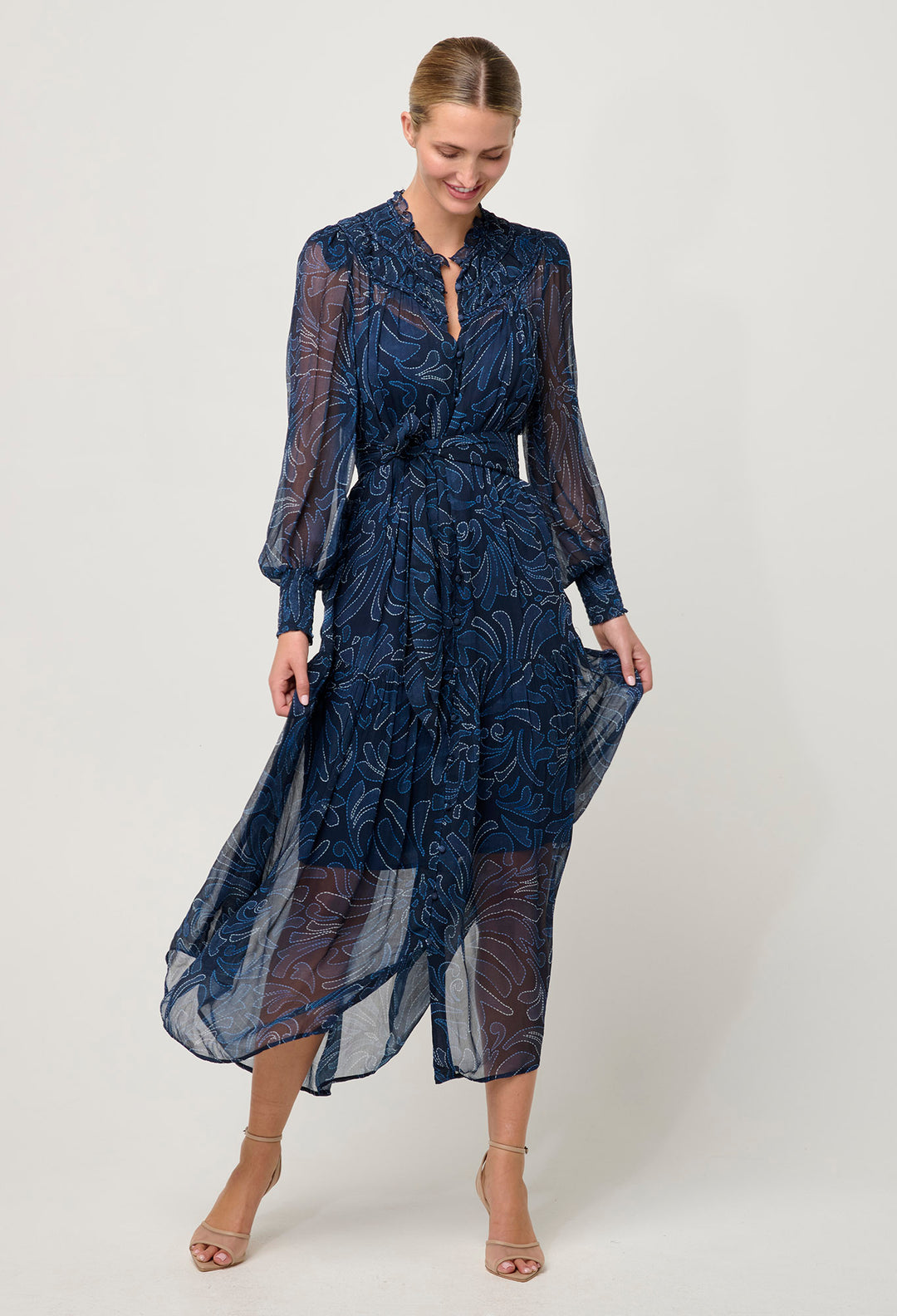 OnceWas Solana Viscose Chiffon Midi Dress in Altamira