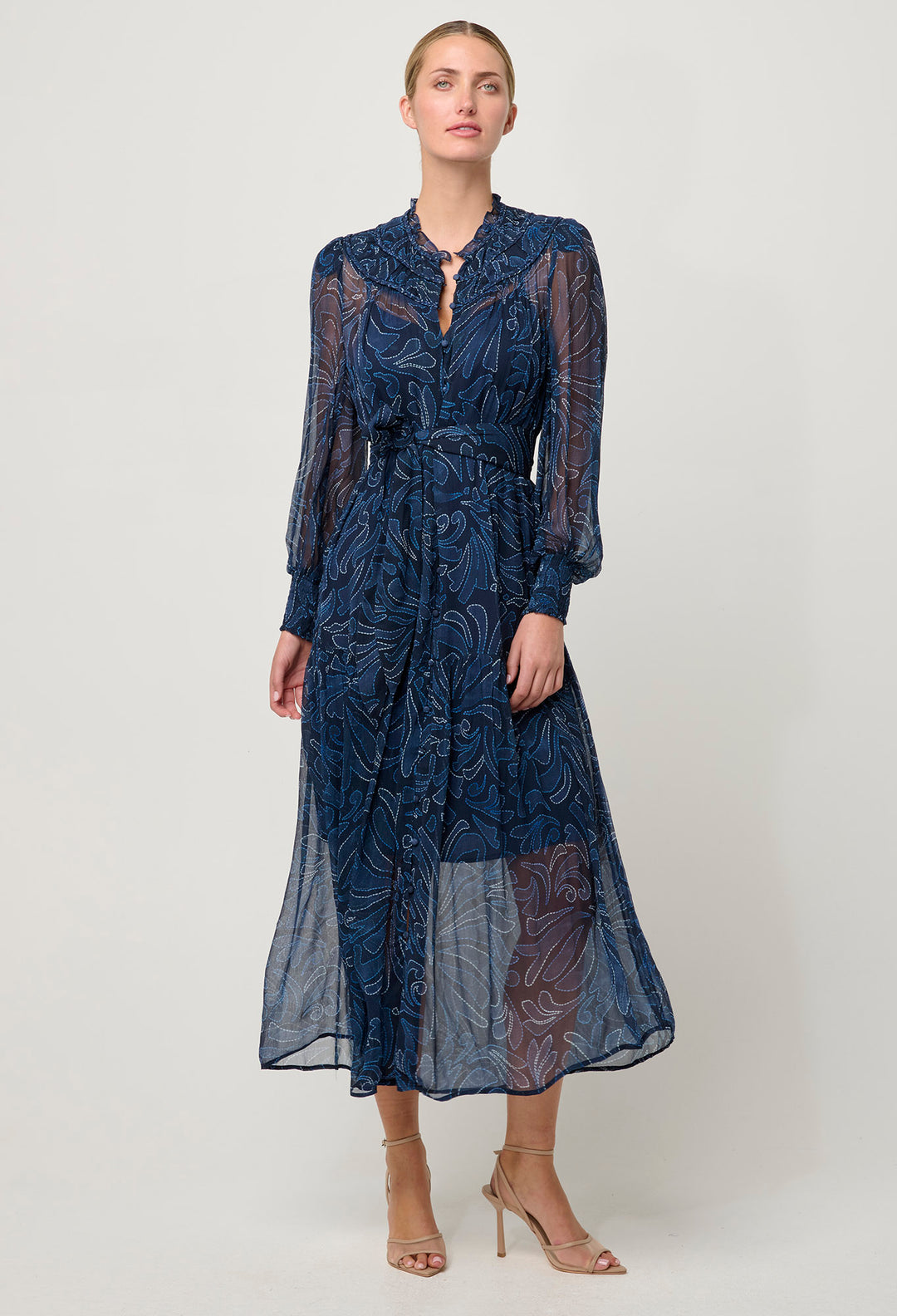 OnceWas Solana Viscose Chiffon Midi Dress in Altamira