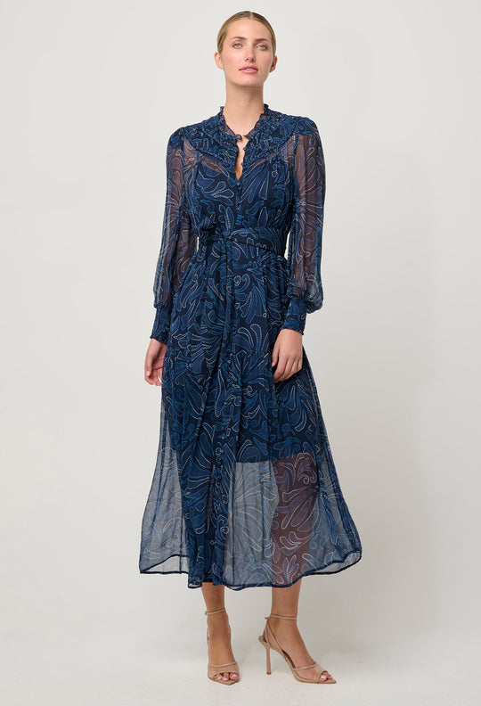 OnceWas Solana Viscose Chiffon Midi Dress in Altamira