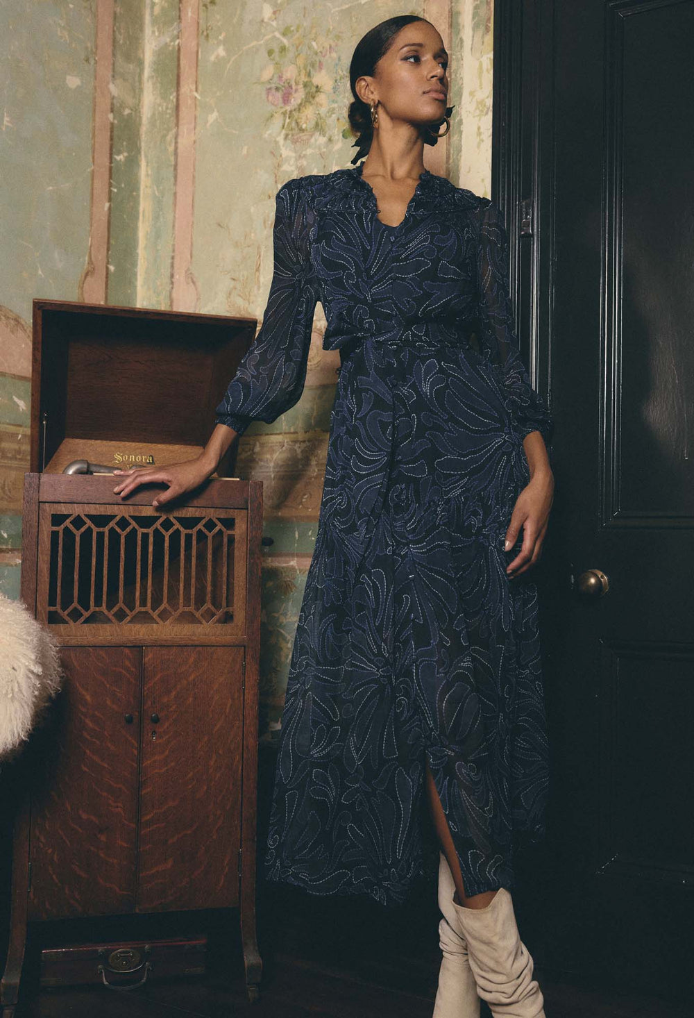 OnceWas PETITE Solana Viscose Chiffon Midi Dress in Altamira