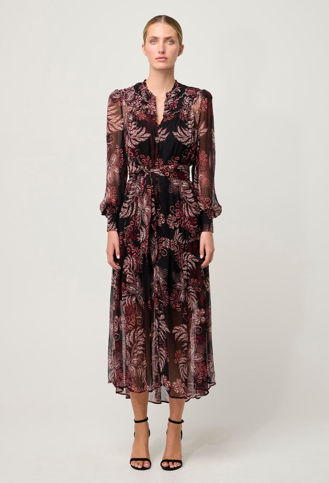 OnceWas Solana Viscose Chiffon Midi Dress in Torera Rosa