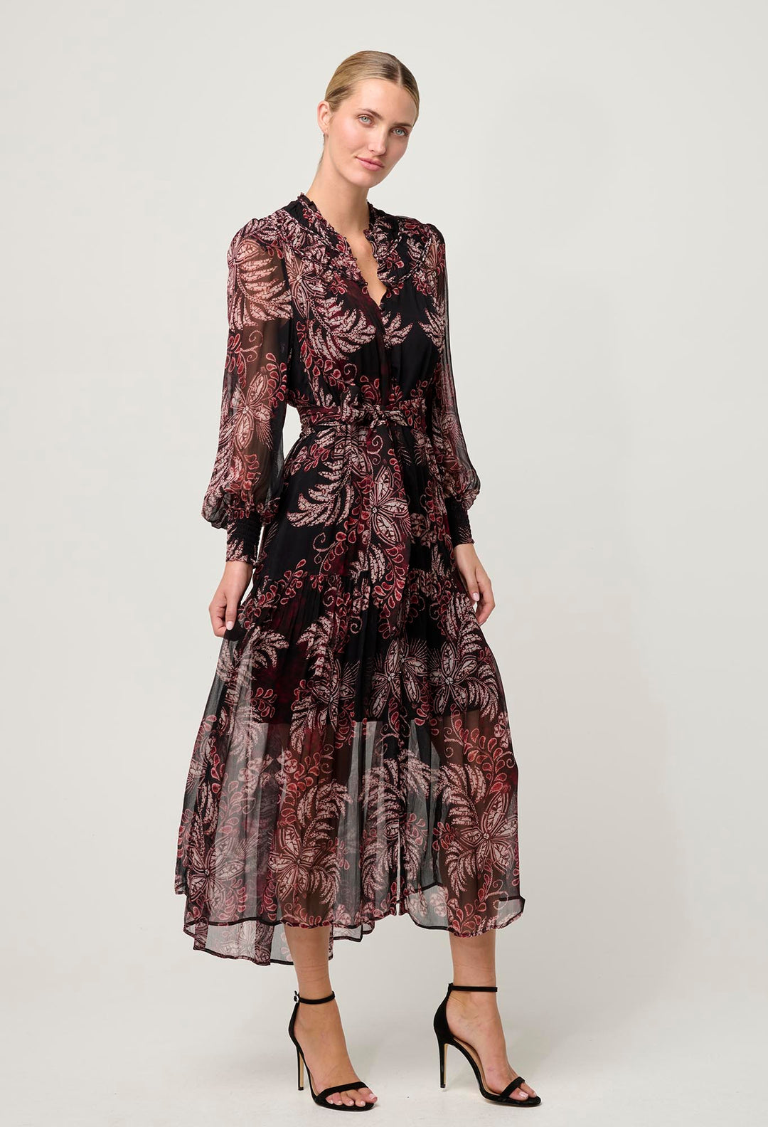 OnceWas Solana Viscose Chiffon Midi Dress in Torera Rosa