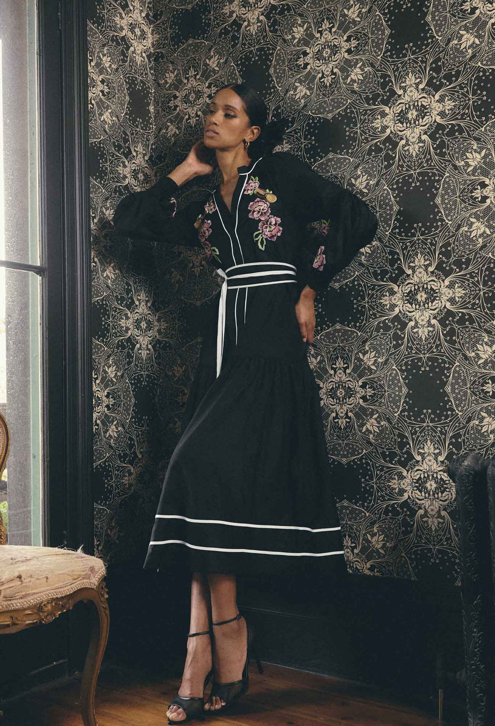 OnceWas PETITE Catalina Embroidered Cotton Silk Dress in Black Flores